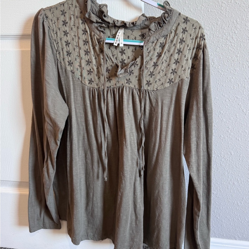 Roper Olive Floral Long Sleeve Blouse